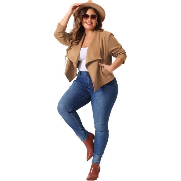 Plus Size Lapel Open Front Cardigans Outerwear Jackets Brown - Picture 3 of 6